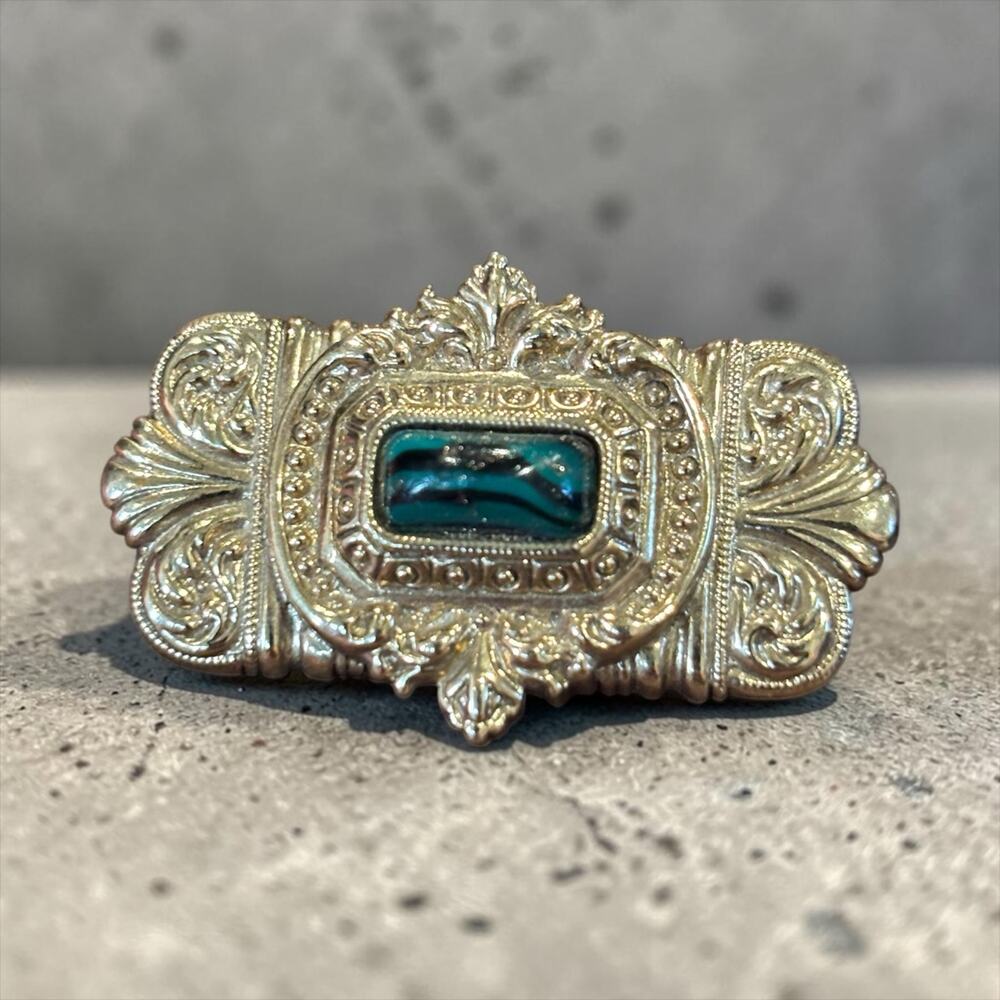 1928 Jewelry Art Deco Revival Brooch Teal Glass Ornate Gold Tone Statement Pin